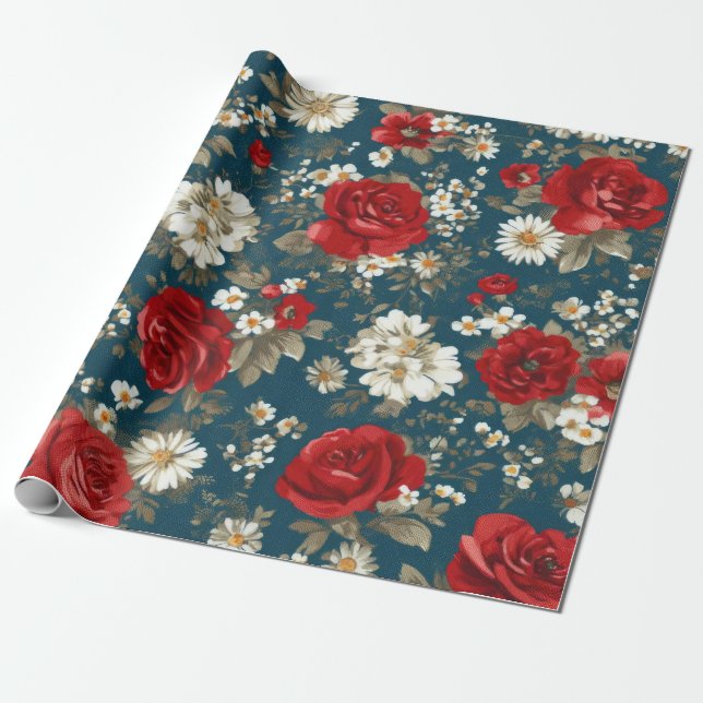 Papel De Presente Pátrio Vermelho Azul Branco Floral (11) (Desenrolado)