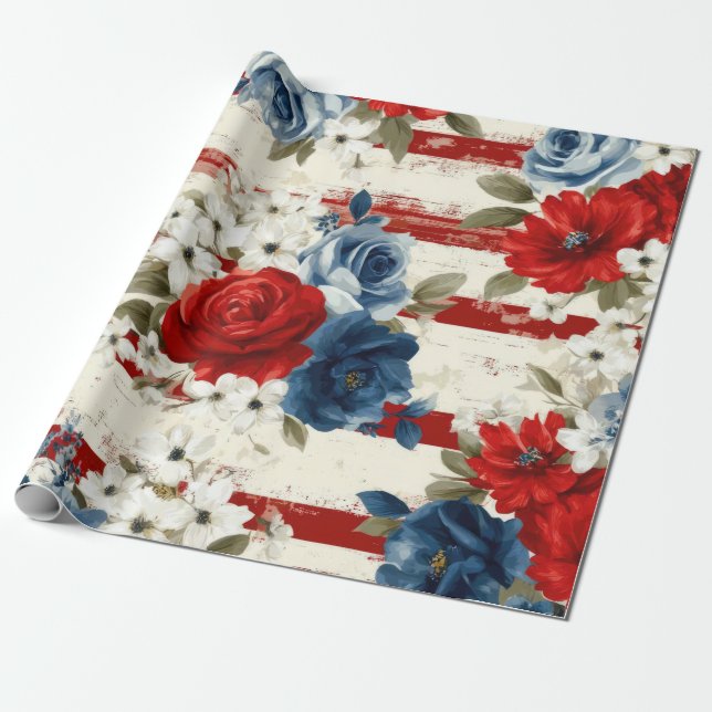 Papel De Presente Pátrio Vermelho Azul Branco Floral (2) (Desenrolado)
