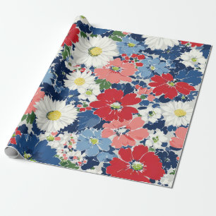 Papel De Presente Pátrio Vermelho Azul Branco Floral (3)