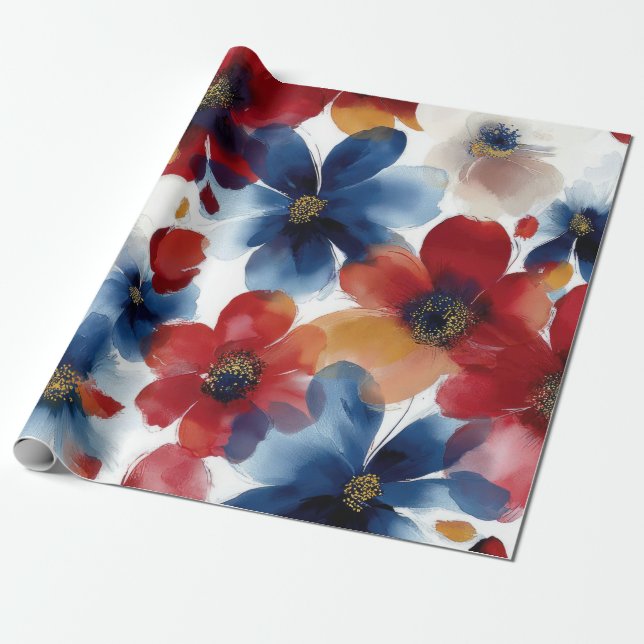 Papel De Presente Pátrio Vermelho Azul Branco Floral (5) (Desenrolado)