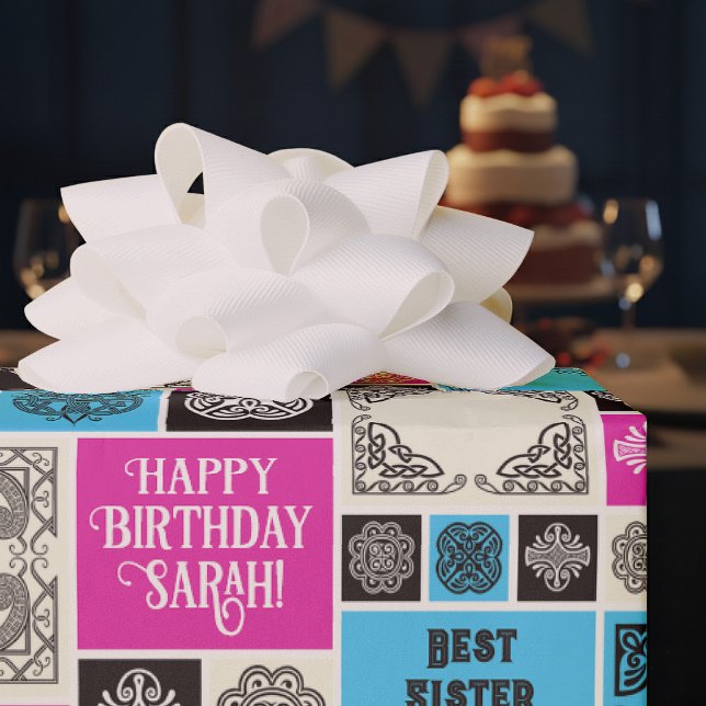 Papel De Presente Patterned Tiles Birthday Add The Text Black White (Criador carregado)