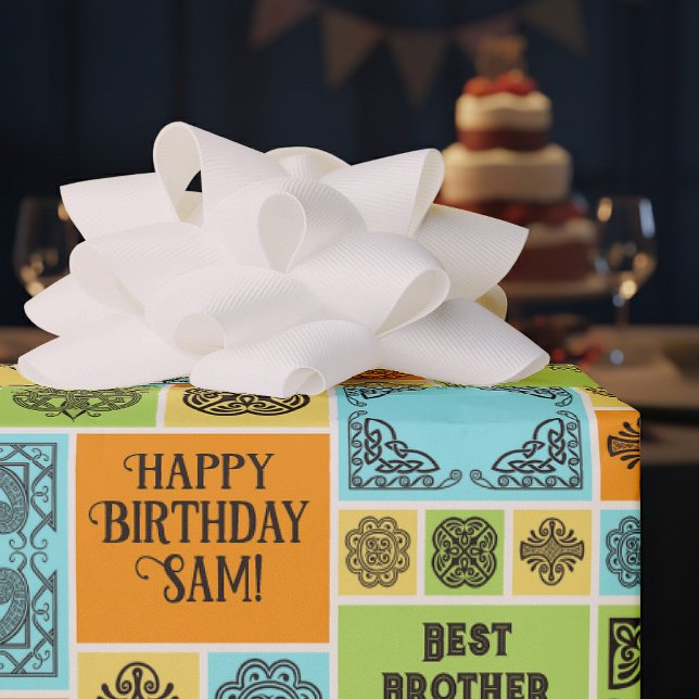 Papel De Presente Patterned Tiles Birthday Add The Text Orange Green (Criador carregado)