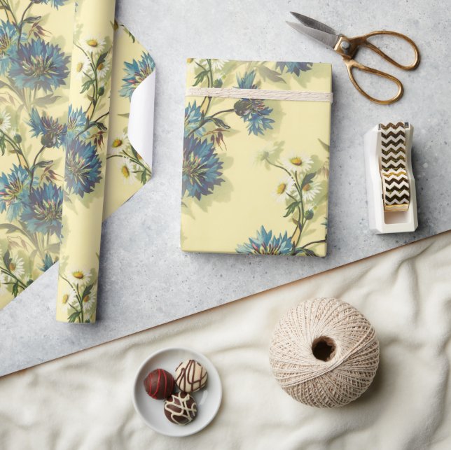 Papel De Presente Patterno das margaridas brancas e azuis (Artesanato)