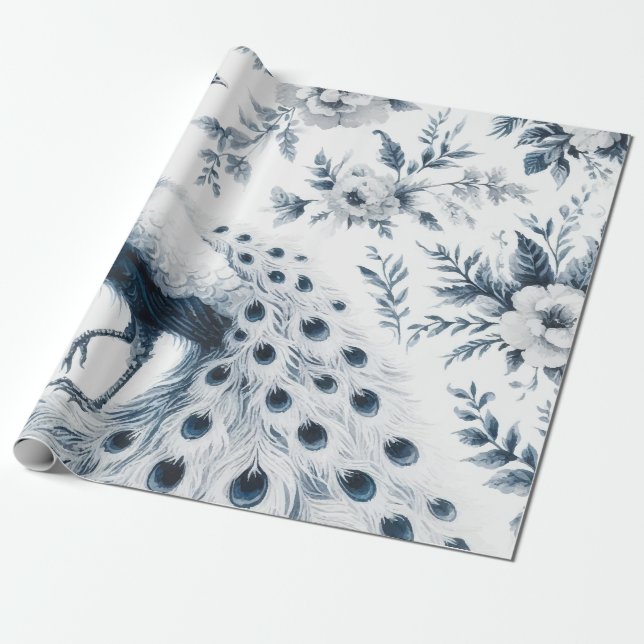 Papel De Presente Pavão com flores azuis (Desenrolado)