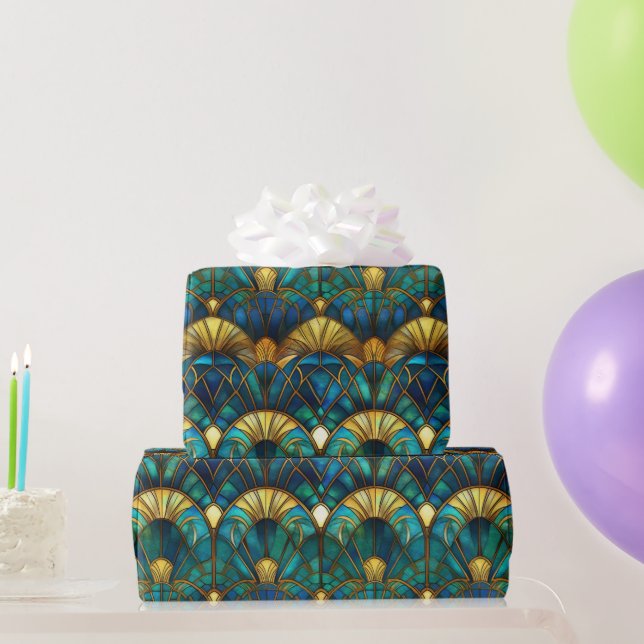 Papel De Presente Pavão de Vidro Colorido Azul e Dourado (Presentes para festas)