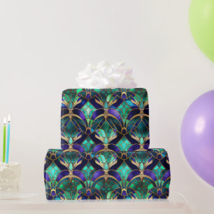 Papel De Presente Pavão de Vidro Colorido Azul-Verde, Roxo e Dourado