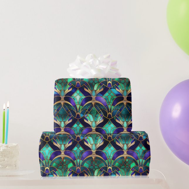 Papel De Presente Pavão de Vidro Colorido Azul-Verde, Roxo e Dourado (Presentes para festas)