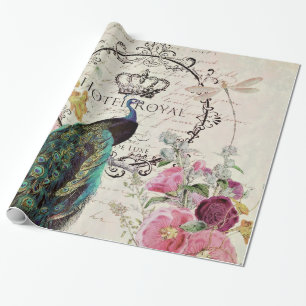 Papel De Presente Pavão e flores da primavera