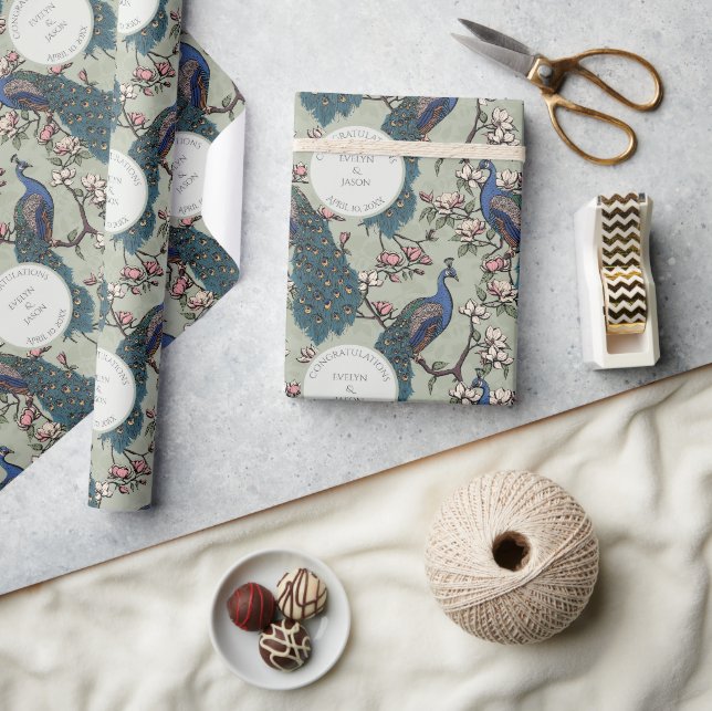 Papel De Presente Pavão e Flores de Casamento Botânico (Artesanato)