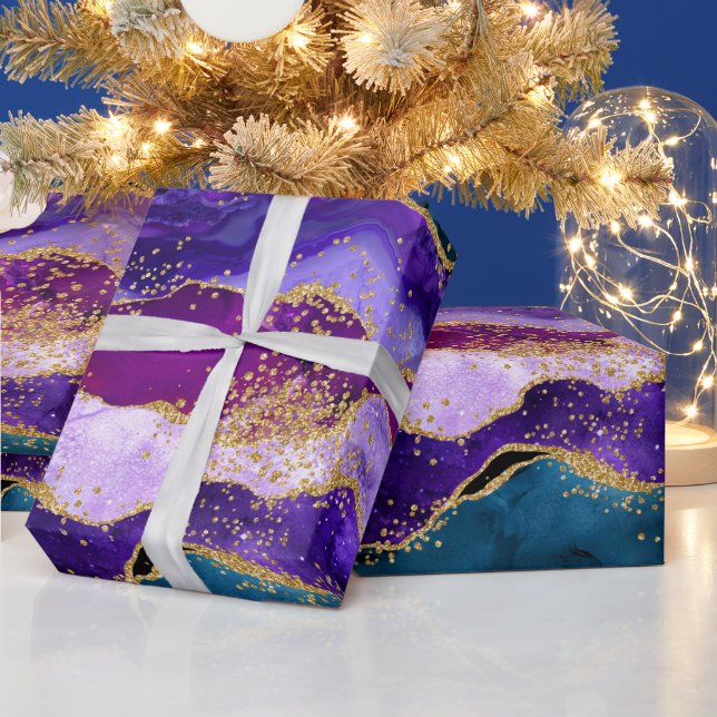 Papel De Presente Pavão Roxo e Azul Falso Brilho Ágata (Feriados)