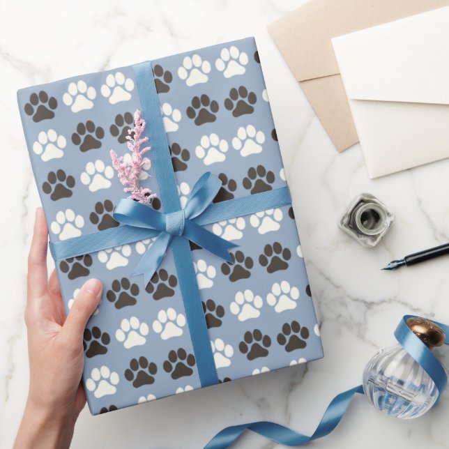 Papel De Presente Paw Print Pattern Silver Blue (Presentear)