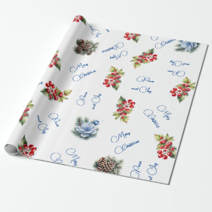 Papel De Presente Paz & Alegria Feliz Natal Frutas Vermelhas em Bran