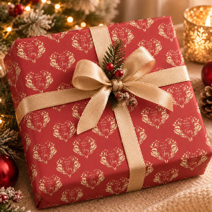 Papel De Presente Paz Amor Alegria Vermelho Dourado Floral Natal