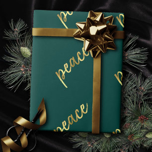 Papel De Presente Paz de Férias Faux Gold Foil Calliografia Verde