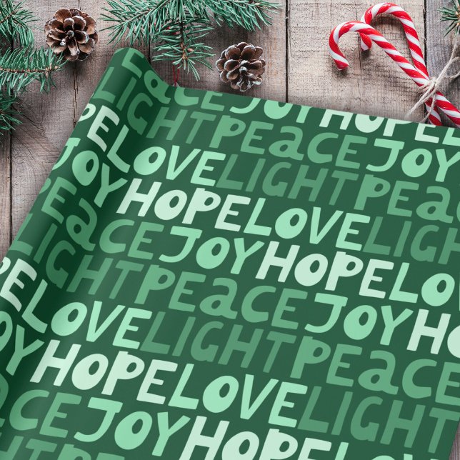 Papel De Presente Paz de Natal Joy Hope Love Light Green Standard (Criador carregado)