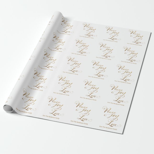 Papel De Presente Paz Personalizada Joy Amor Dourado Natal Branco (Desenrolado)