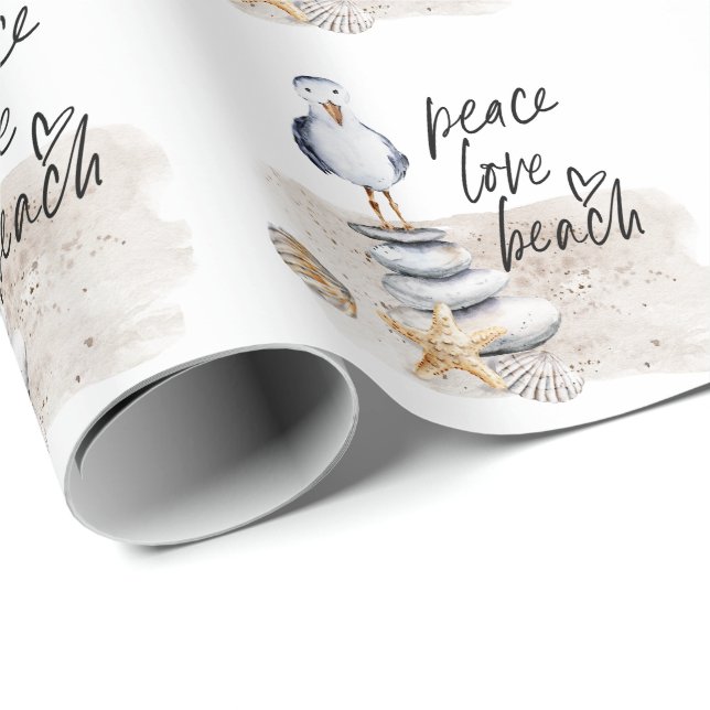 Papel De Presente Peace Love Beach Seagull Coastal (Ponta do rolo)