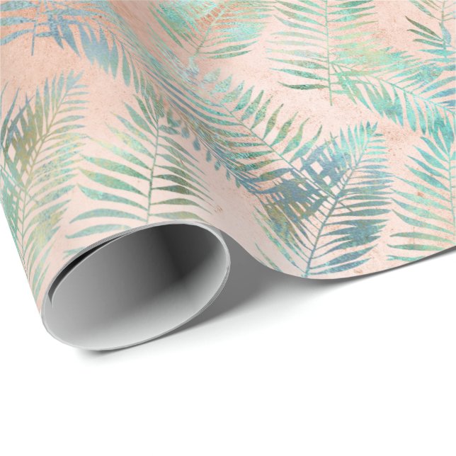 Papel De Presente Peach Aqua Green Tropical Folhas (Ponta do rolo)
