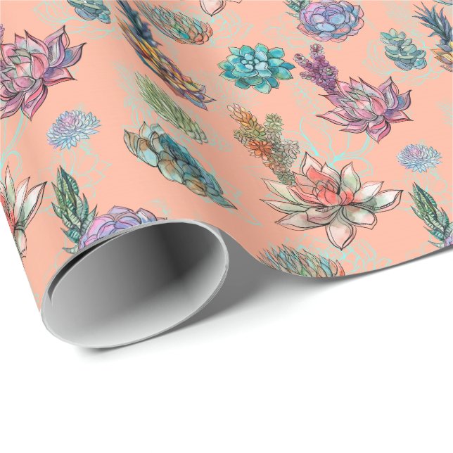 Papel De Presente *~* Peach Salmon Blue Green Succulent (Ponta do rolo)