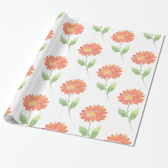 Papel De Presente Peach Watercolor Daisy (Desenrolado)