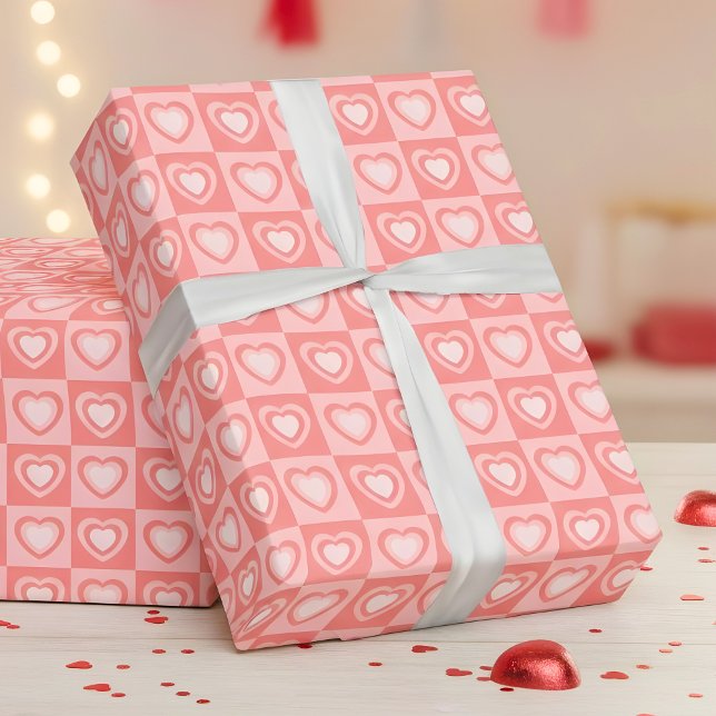 Papel De Presente Peachy Pink Retro Hearts Valentine Gift (Criador carregado)