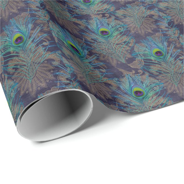 Papel De Presente Peacock feather paisley roxo boho (Ponta do rolo)