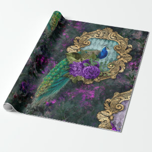Papel De Presente Peacock, Flores e Quadro Dourado