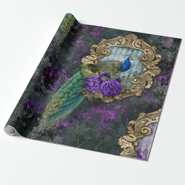 Papel De Presente Peacock, Flores e Quadro Dourado (Desenrolado)
