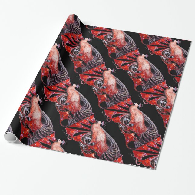 PAPEL DE PRESENTE PEACOCK VERMELHO ELEGANTE COM PEDAÇAS GEM (Desenrolado)
