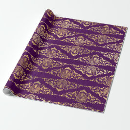 Papel De Presente Peacocks e Filigree Dourados em Roxo
