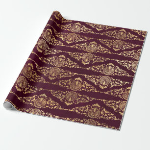 Papel De Presente Peacocks e Filigree Dourados na Borgonha