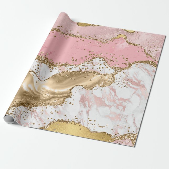 Papel De Presente Pedra Rosa e Branca com Brilho Dourado de Ágata (Desenrolado)