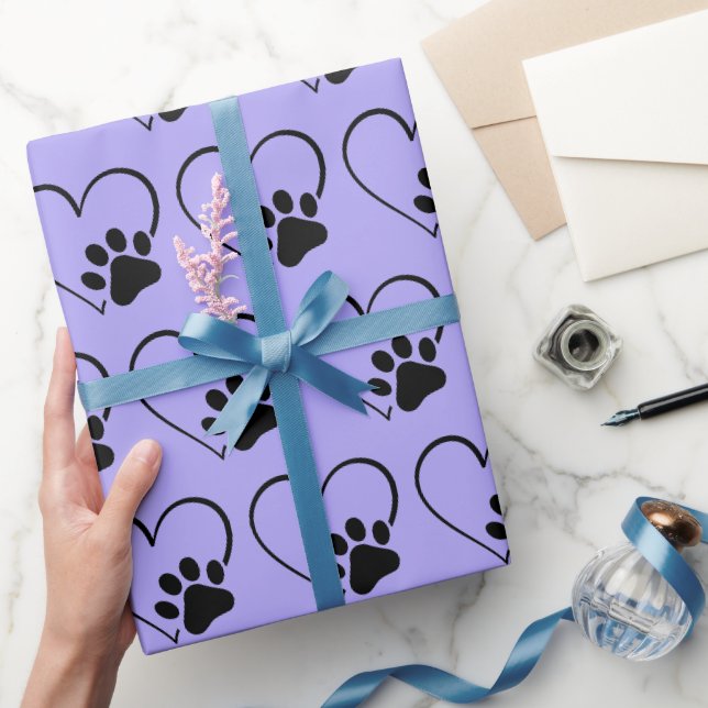 Papel De Presente Pegada de Pata de Cachorro e Coração no Roxo (Presentear)