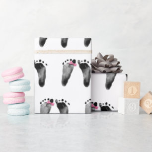 Papel De Presente Pegadas de Bebê Menina com Laço Rosa