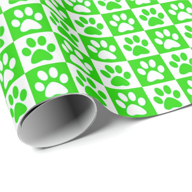 Papel De Presente Pegadas de Pata de Cachorro verdes e brancas (Ponta do rolo)