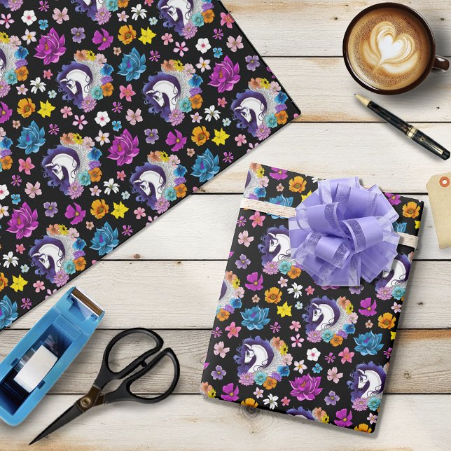 Papel De Presente Pegasus Preto Floral (Criador carregado)