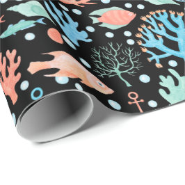 Papel De Presente Peixe-Anjo Sob O Mar Âncora Coral Náutico Preto