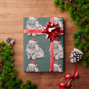 Papel De Presente Peixe-boi Festivo Natal Papai Noel Oceano Amante A
