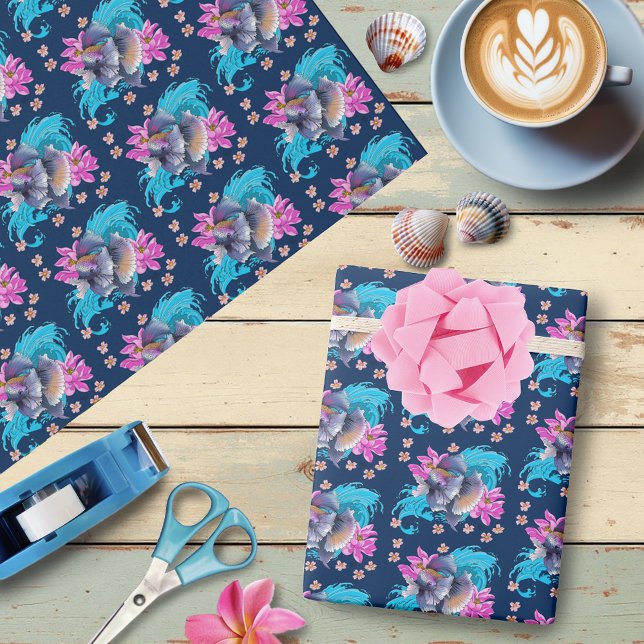 Papel De Presente Peixe Combatente Siames Floral (Criador carregado)
