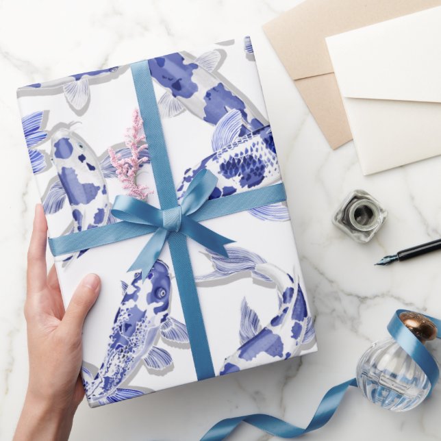 Papel De Presente Peixe-Koi Branco Azul (Presentear)
