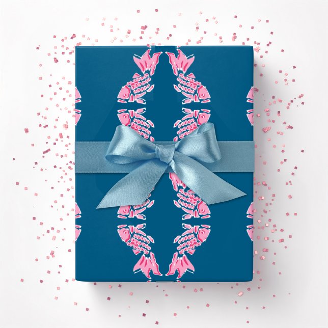 Papel De Presente Peixe Koi Chinoiserie Ogee em Rosa e Aqua Profundo (Criador carregado)