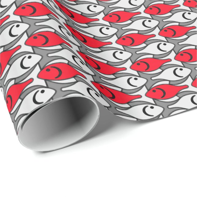 Papel De Presente Peixe Modernista, vermelho e cinza (Ponta do rolo)