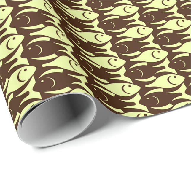 Papel De Presente Peixe Moderno de Meados do Século, marrom e amarel (Ponta do rolo)