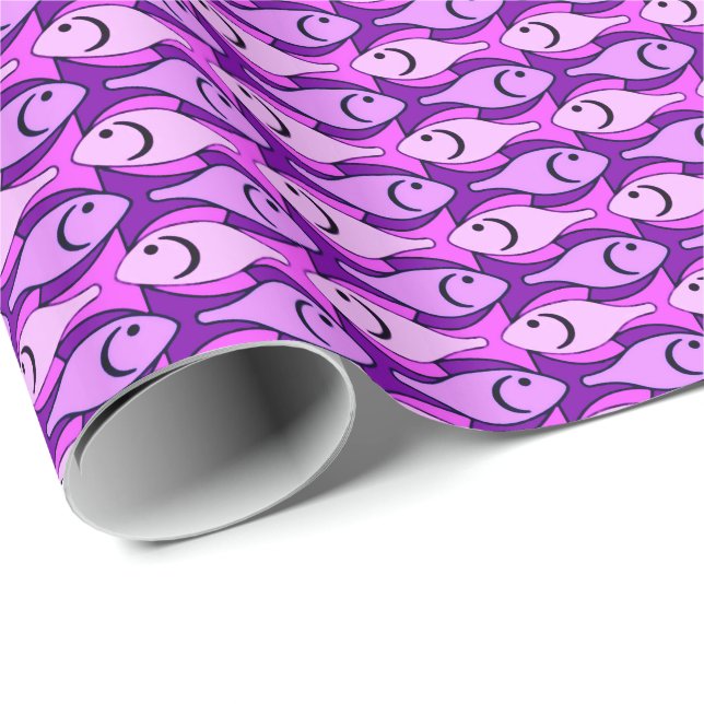 Papel De Presente Peixe Moderno de Meados do Século, rosa e violeta (Ponta do rolo)