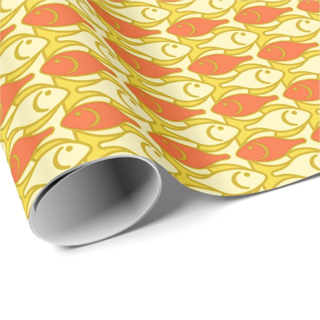 Papel De Presente Peixe moderno do século médio, amarelo e laranja (Ponta do rolo)