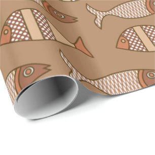 Papel De Presente Peixe Moderno Retro, Bege, Bege Claro e Marrom Cla