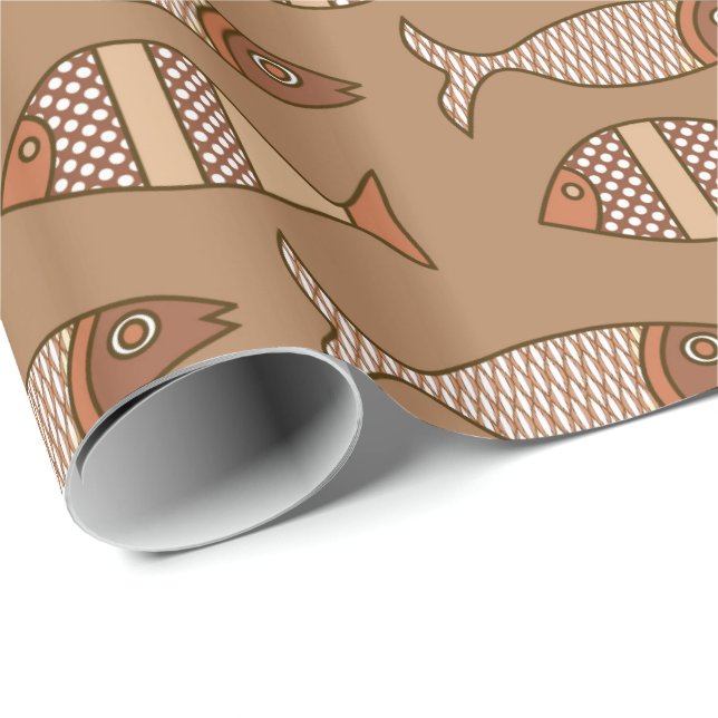 Papel De Presente Peixe Moderno Retro, Bege, Bege Claro e Marrom Cla (Ponta do rolo)