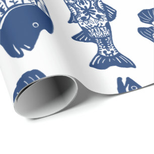 Papel De Presente Peixe-Padrão Floral Azul Marinho Náutico