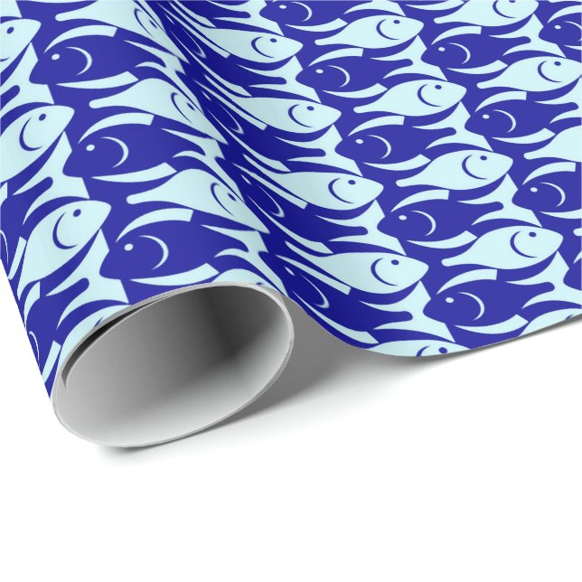 Papel De Presente Peixes do meio século, cobalto e luz modernos - (Ponta do rolo)