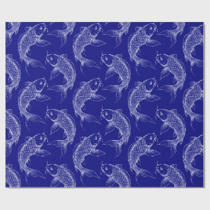 Papel De Presente Peixes Koi japoneses azuis e brancos